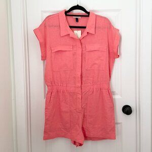 Women Universal Thread Short Sleeve Button Front Romper in Coral Size 12
